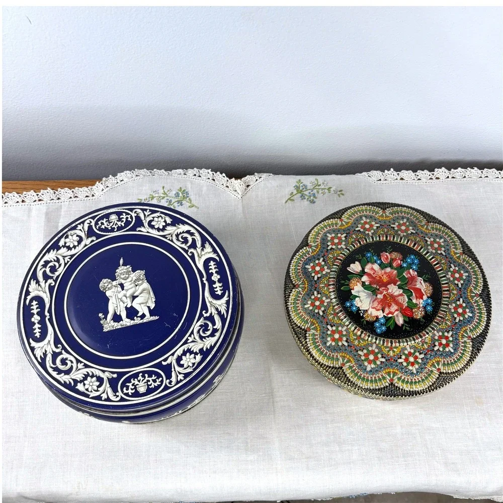 Vintage Huntley & Palmers Blue Jasperware Style & Holland Floral Tin Set of 2